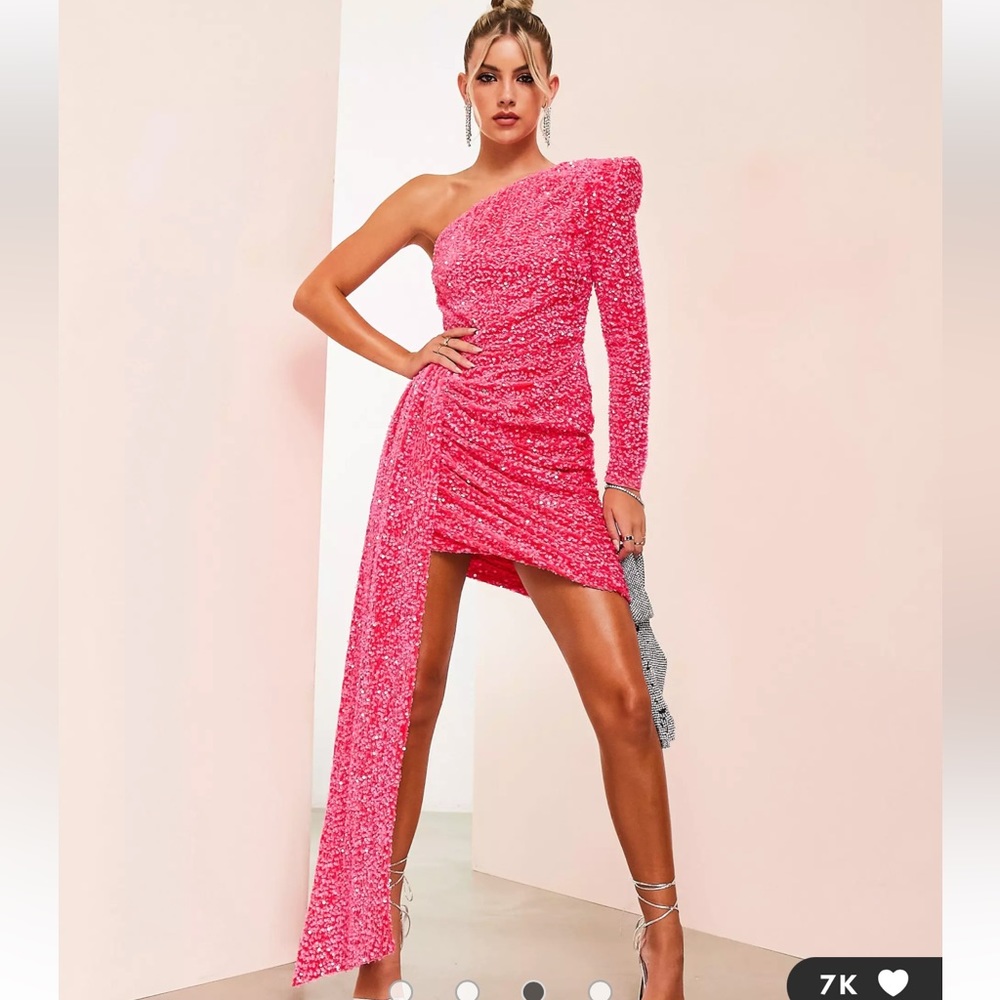ASOS LUXE one shoulder asymmetric draped mini dress in pink sequin size US 0